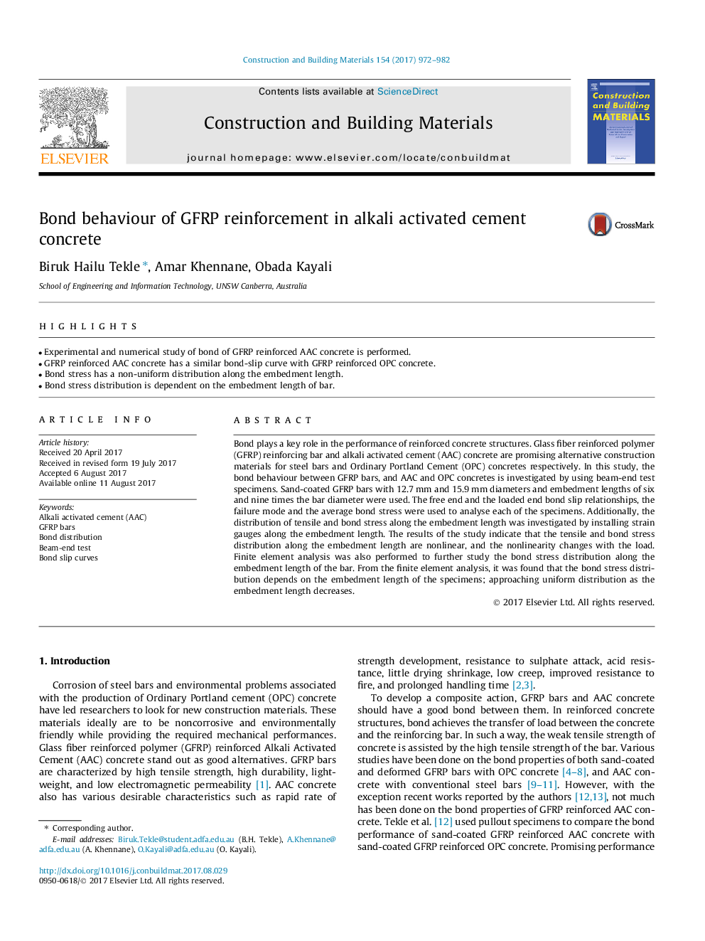 Bond behaviour of GFRP reinforcement in alkali activated cement concrete