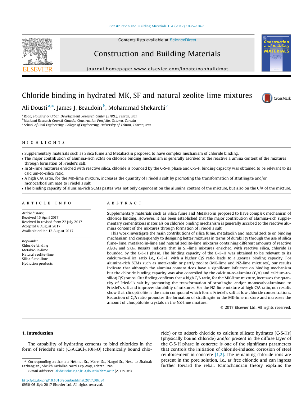 Chloride binding in hydrated MK, SF and natural zeolite-lime mixtures