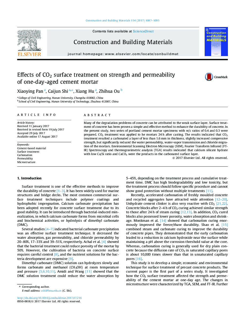 Effects of CO2 surface treatment on strength and permeability of one-day-aged cement mortar