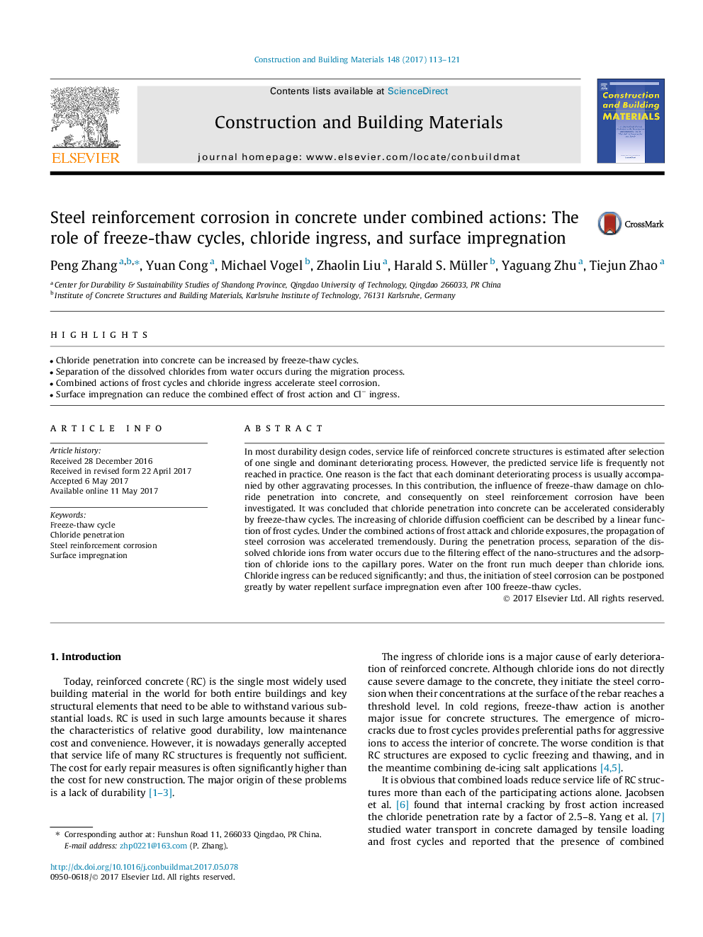 Steel reinforcement corrosion in concrete under combined actions: The role of freeze-thaw cycles, chloride ingress, and surface impregnation