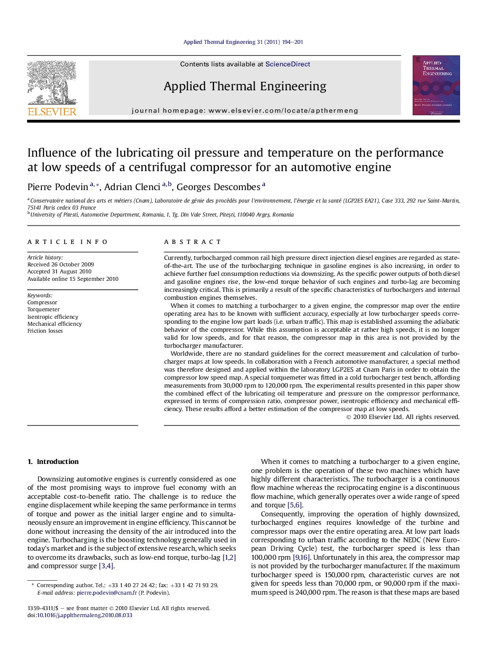 Influence of the lubricating oil pressure and temperature on the performance at low speeds of a centrifugal compressor for an automotive engine