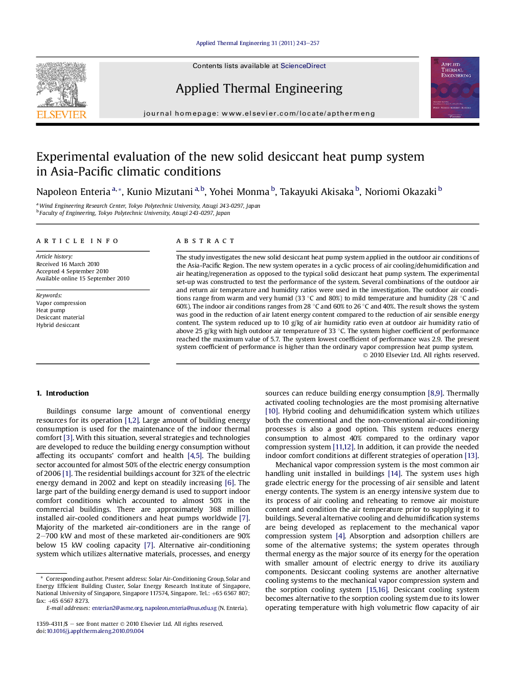 Experimental evaluation of the new solid desiccant heat pump system in Asia-Pacific climatic conditions