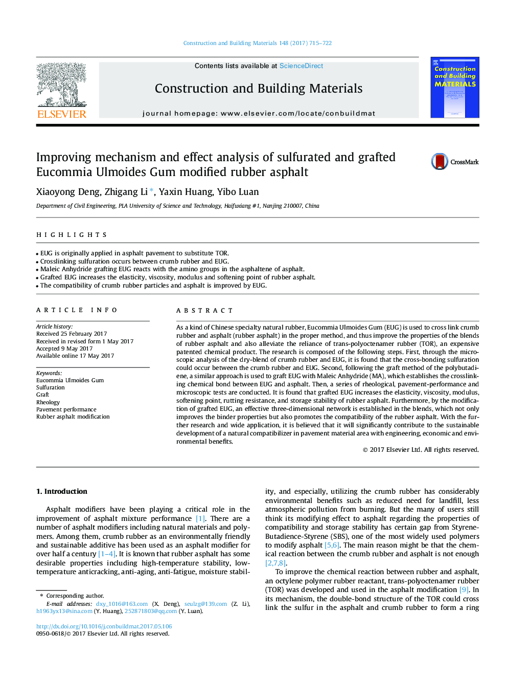 Improving mechanism and effect analysis of sulfurated and grafted Eucommia Ulmoides Gum modified rubber asphalt