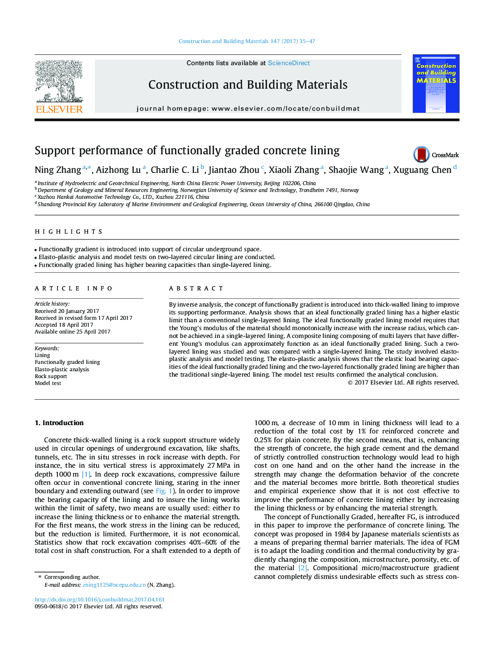 Support performance of functionally graded concrete lining