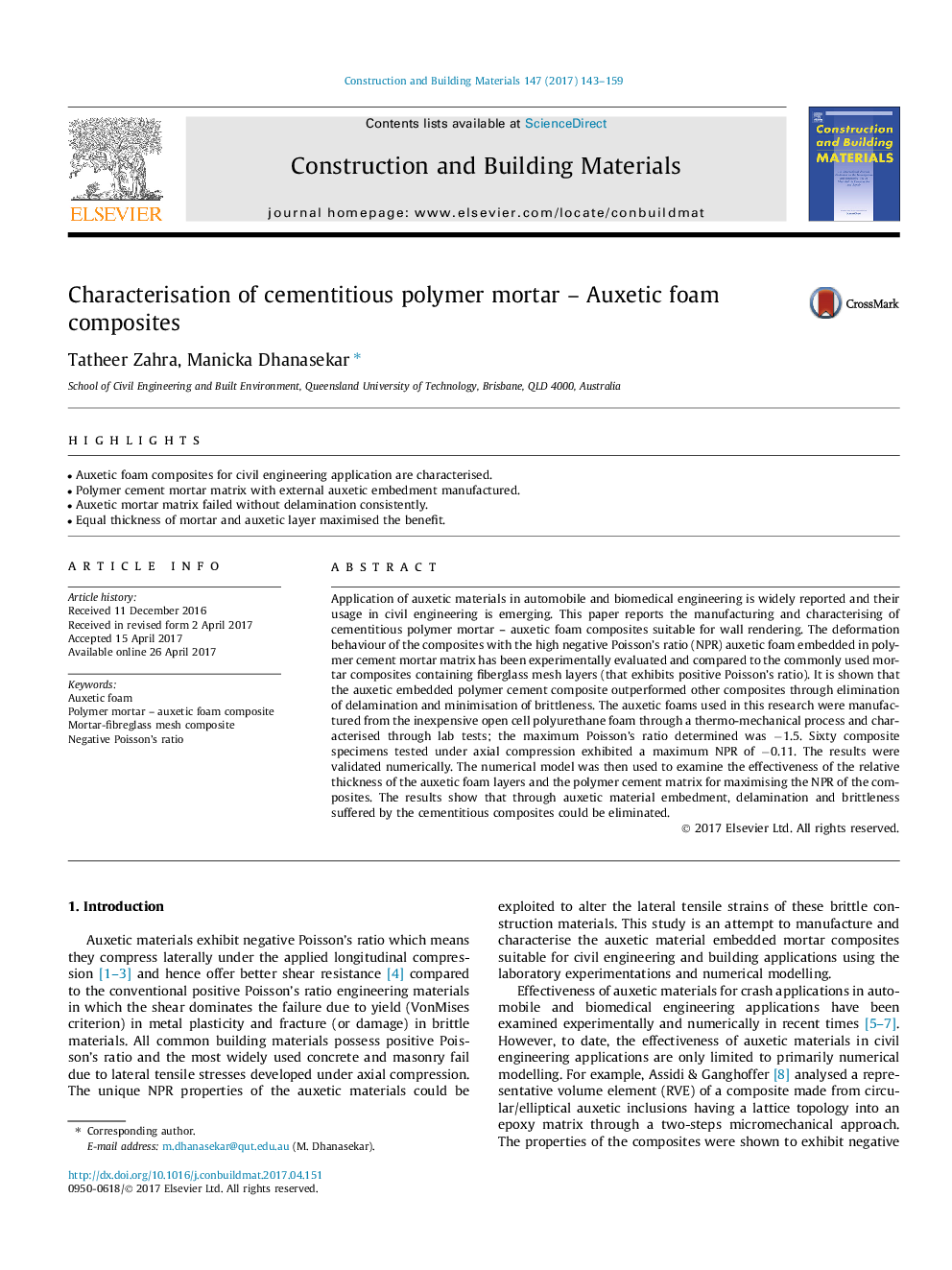 Characterisation of cementitious polymer mortar - Auxetic foam composites