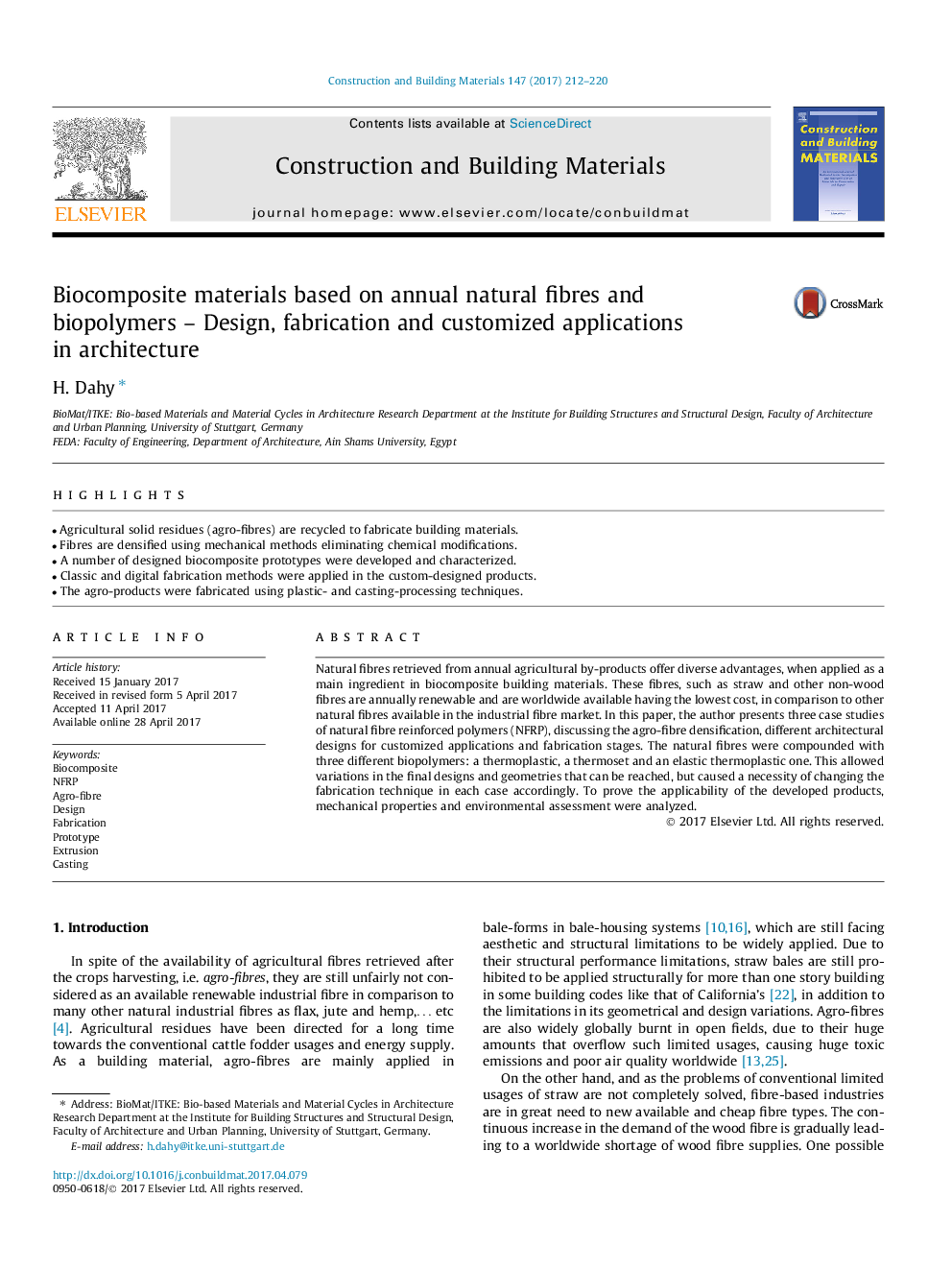 Biocomposite materials based on annual natural fibres and biopolymers - Design, fabrication and customized applications in architecture