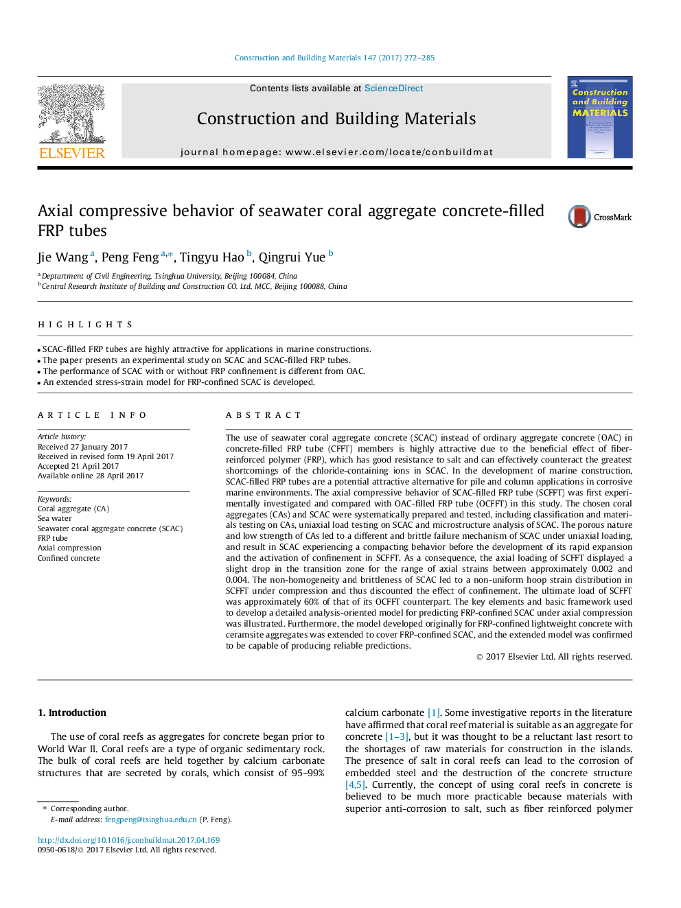 Axial compressive behavior of seawater coral aggregate concrete-filled FRP tubes