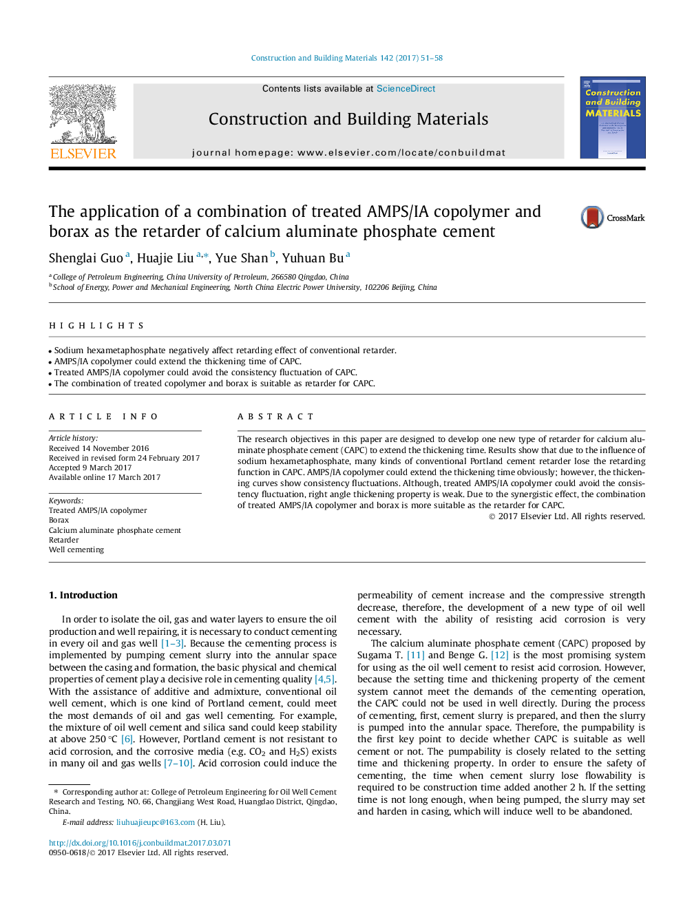 The application of a combination of treated AMPS/IA copolymer and borax as the retarder of calcium aluminate phosphate cement