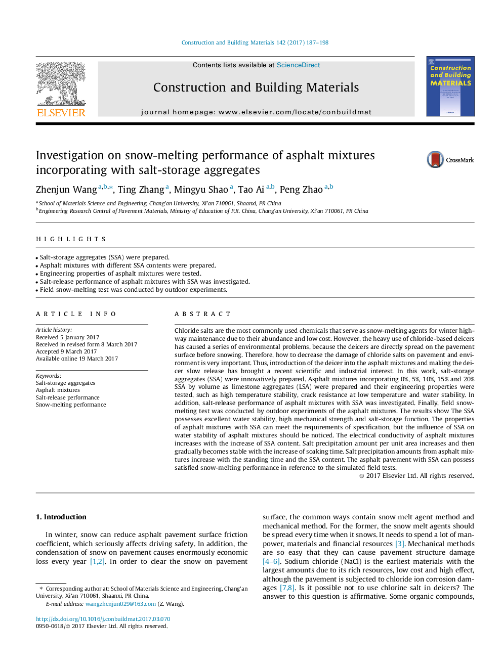 Investigation on snow-melting performance of asphalt mixtures incorporating with salt-storage aggregates