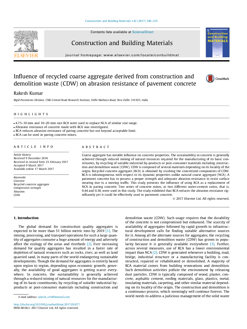 Influence of recycled coarse aggregate derived from construction and demolition waste (CDW) on abrasion resistance of pavement concrete