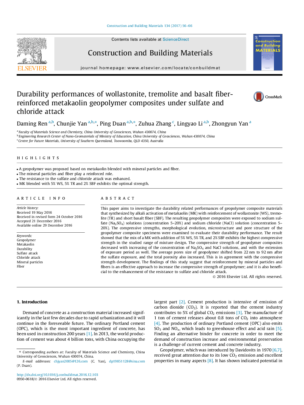 Durability performances of wollastonite, tremolite and basalt fiber-reinforced metakaolin geopolymer composites under sulfate and chloride attack