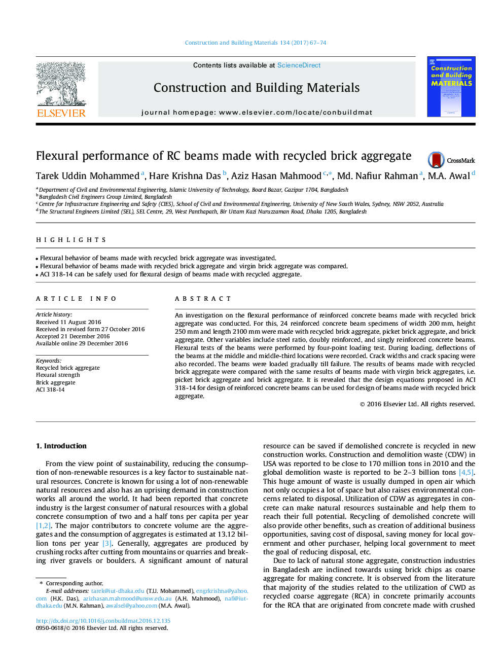 Flexural performance of RC beams made with recycled brick aggregate