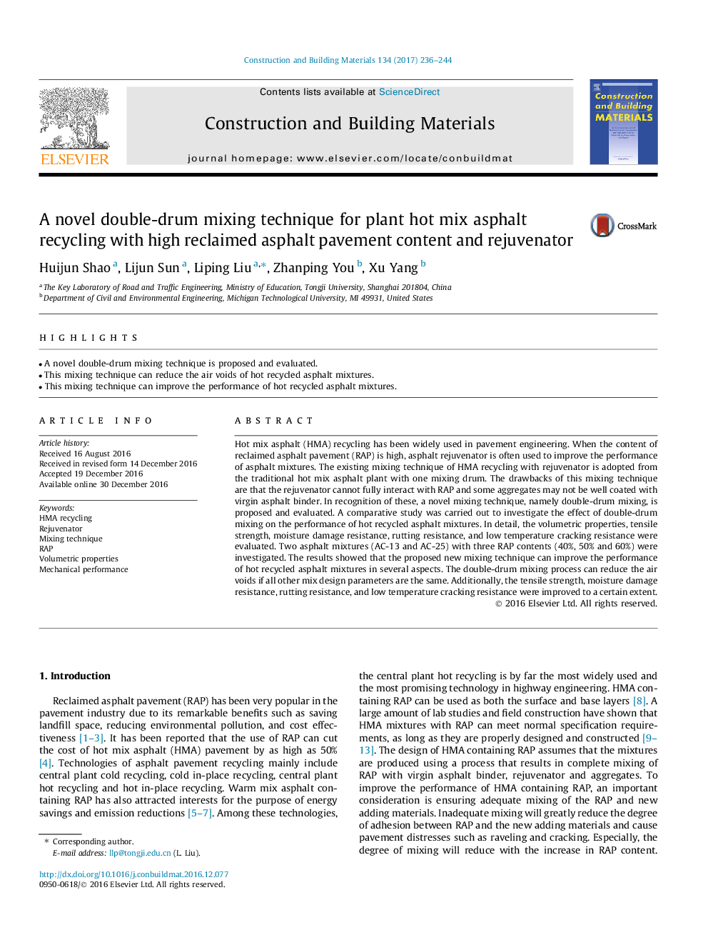 A novel double-drum mixing technique for plant hot mix asphalt recycling with high reclaimed asphalt pavement content and rejuvenator