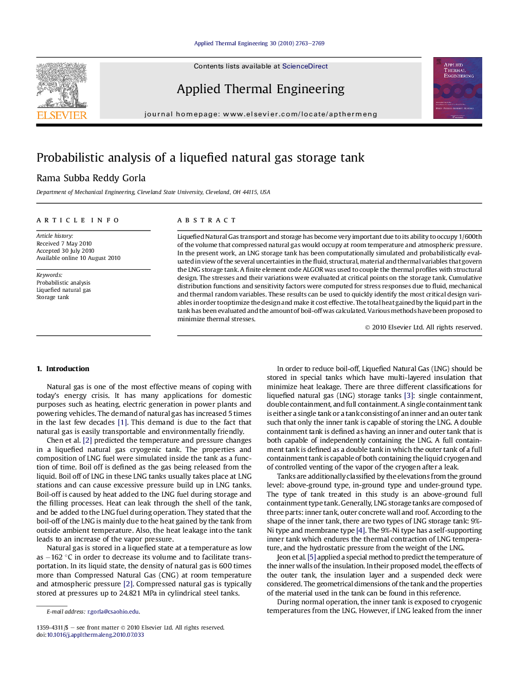 Probabilistic analysis of a liquefied natural gas storage tank