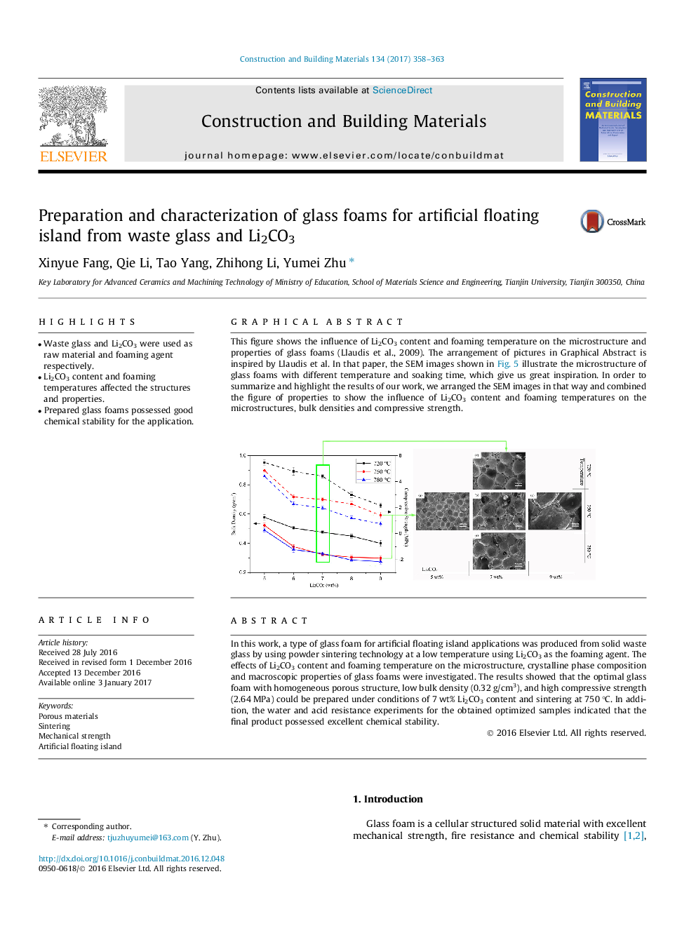 Preparation and characterization of glass foams for artificial floating island from waste glass and Li2CO3