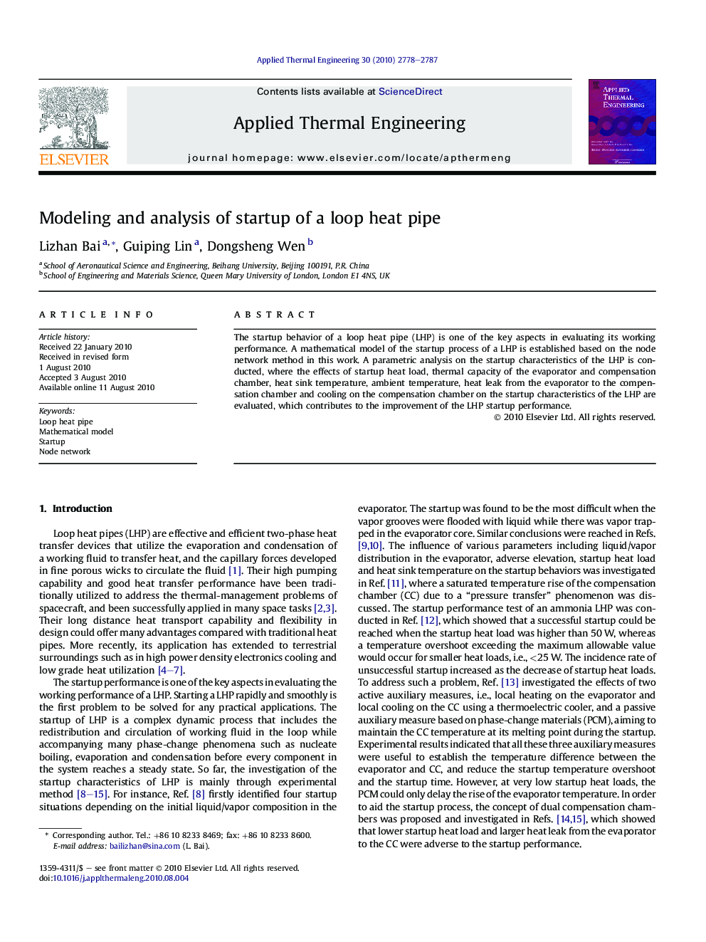 Modeling and analysis of startup of a loop heat pipe