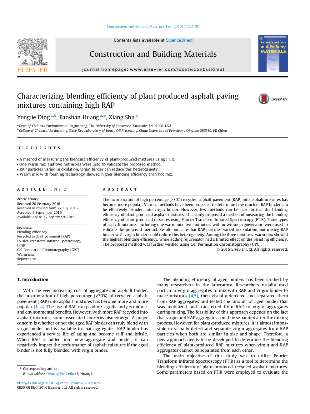 Characterizing blending efficiency of plant produced asphalt paving mixtures containing high RAP