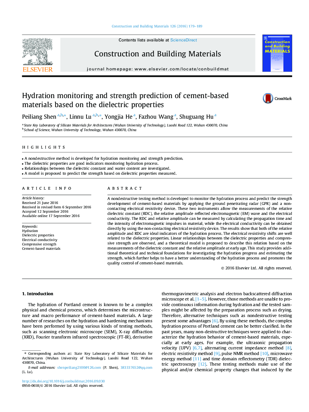 Hydration monitoring and strength prediction of cement-based materials based on the dielectric properties