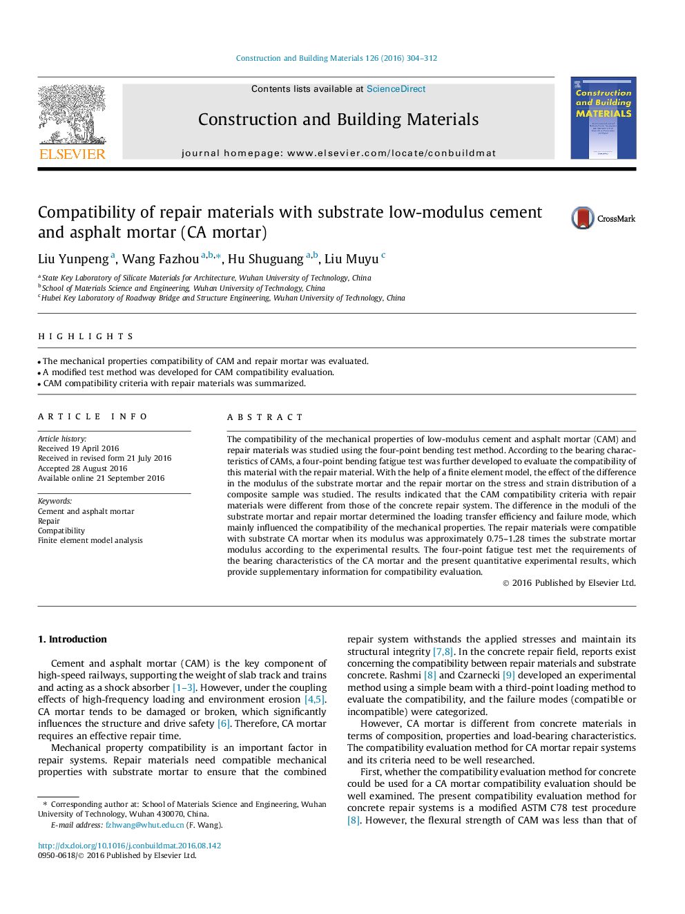 Compatibility of repair materials with substrate low-modulus cement and asphalt mortar (CA mortar)