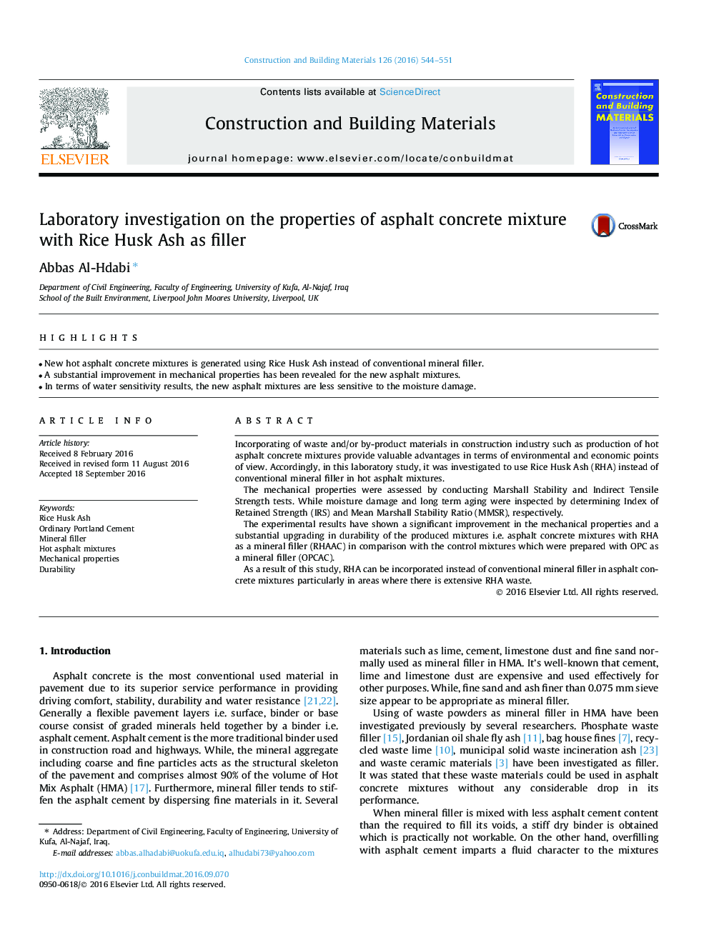 Laboratory investigation on the properties of asphalt concrete mixture with Rice Husk Ash as filler