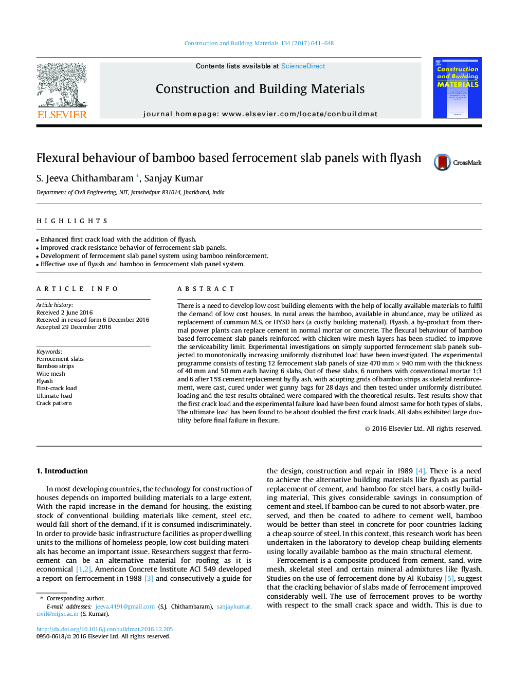 Flexural behaviour of bamboo based ferrocement slab panels with flyash