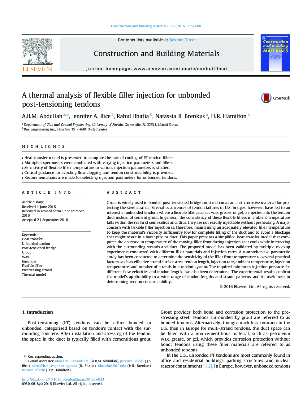 A thermal analysis of flexible filler injection for unbonded post-tensioning tendons