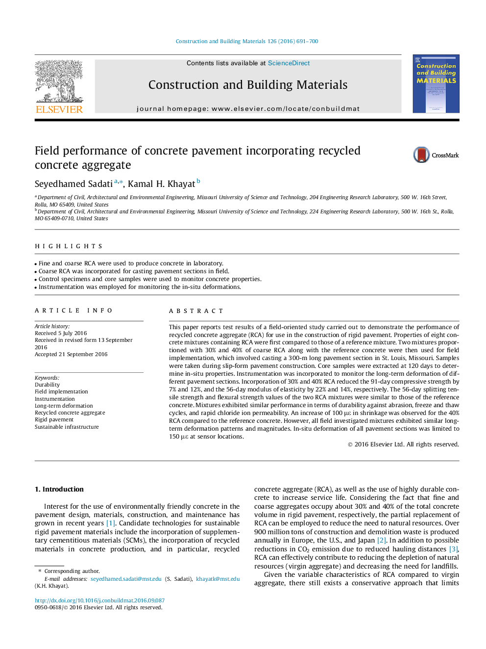 Field performance of concrete pavement incorporating recycled concrete aggregate