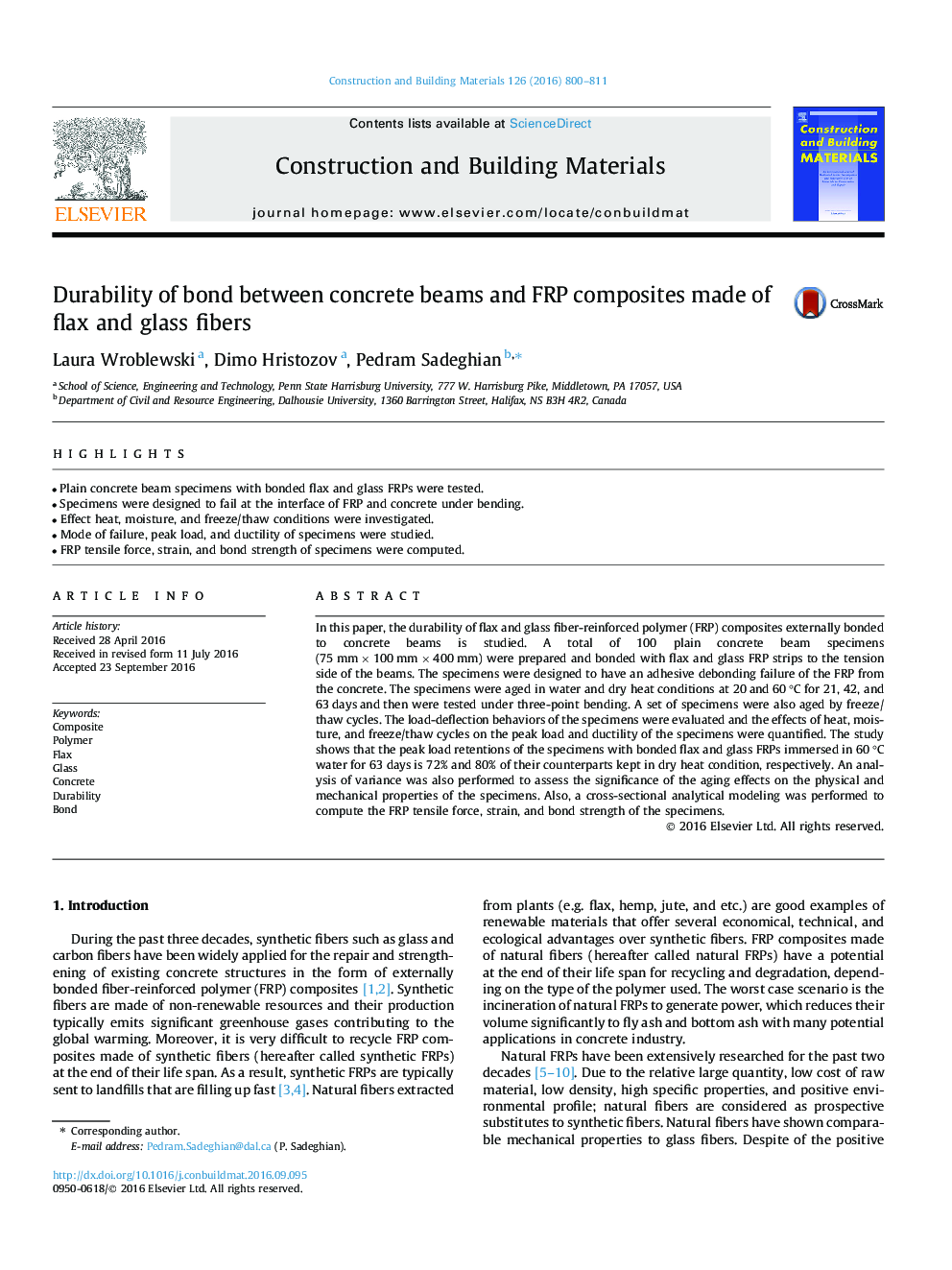 Durability of bond between concrete beams and FRP composites made of flax and glass fibers