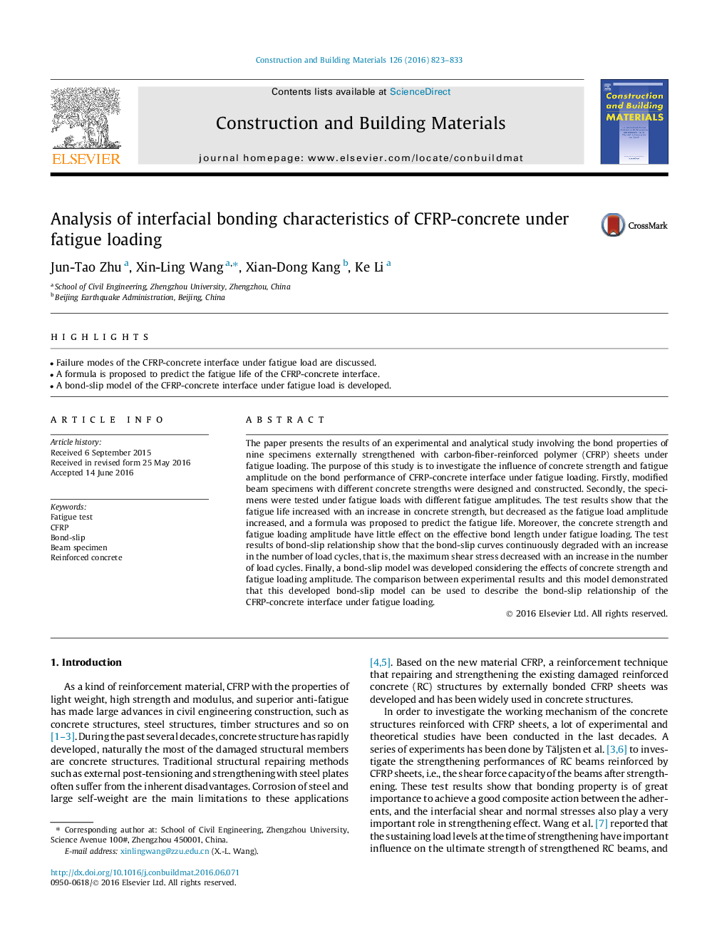 Analysis of interfacial bonding characteristics of CFRP-concrete under fatigue loading