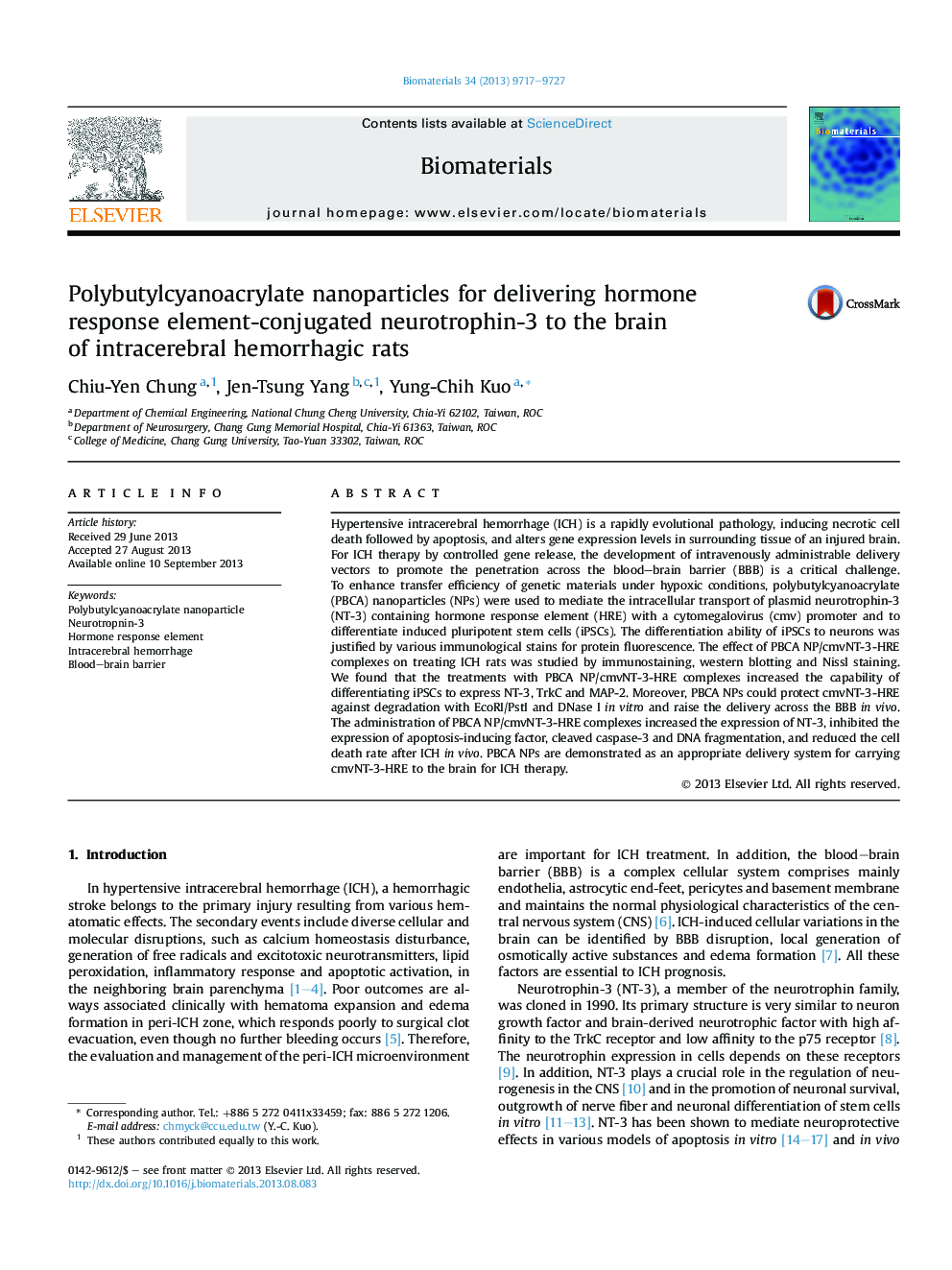 Polybutylcyanoacrylate nanoparticles for delivering hormone response element-conjugated neurotrophin-3 to the brain of intracerebral hemorrhagic rats