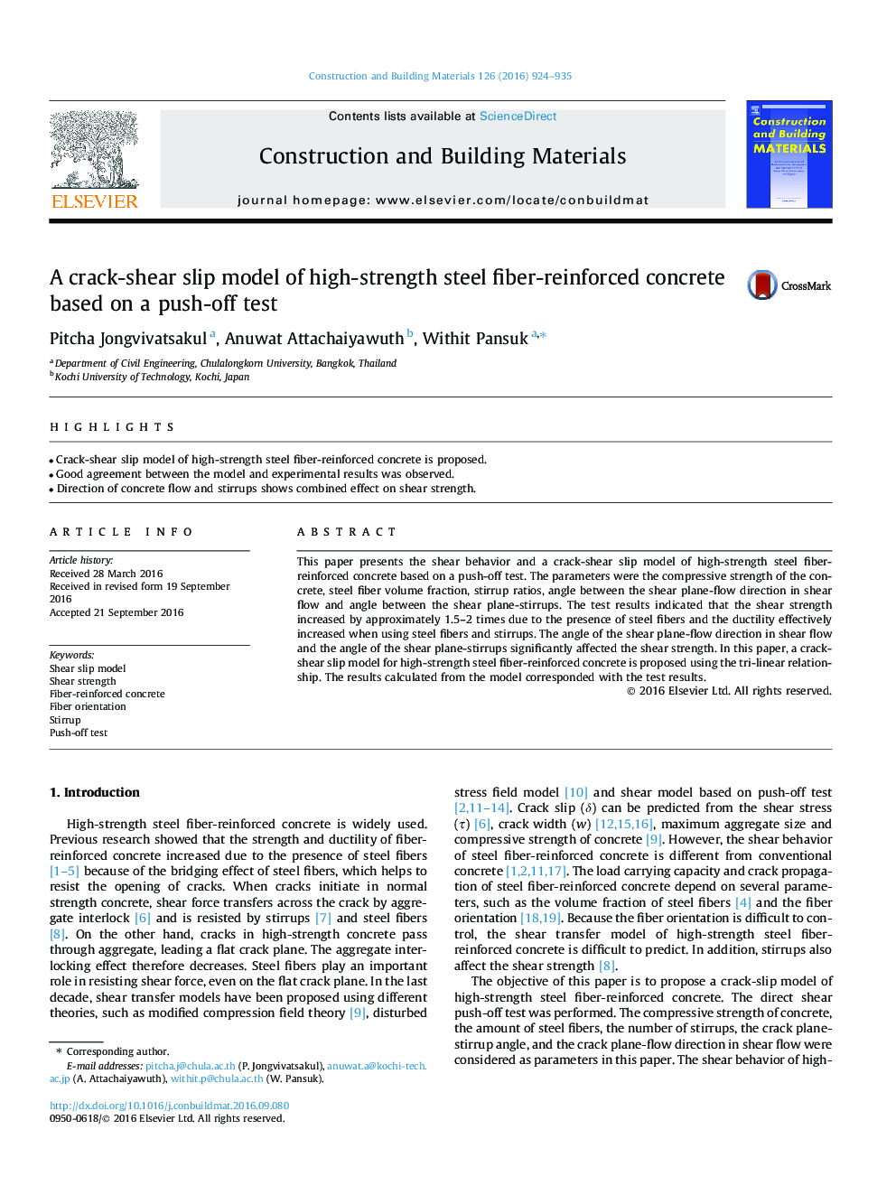 A crack-shear slip model of high-strength steel fiber-reinforced concrete based on a push-off test