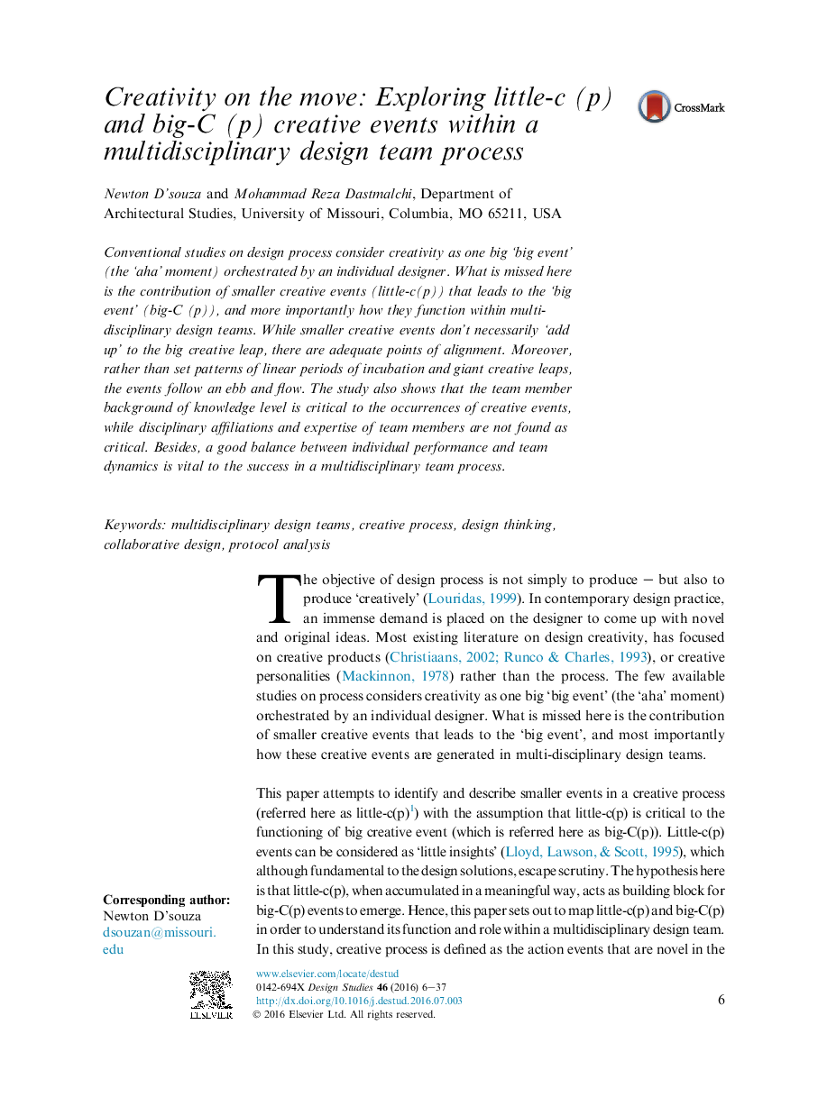 Creativity on the move: Exploring little-c (p) and big-C (p) creative events within a multidisciplinary design team process