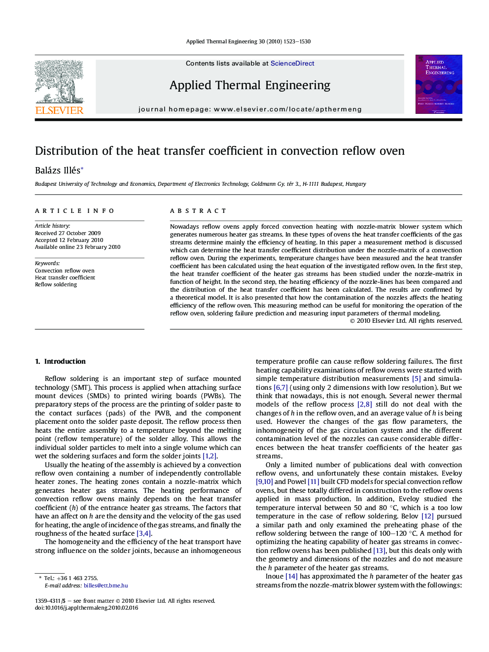 Distribution of the heat transfer coefficient in convection reflow oven