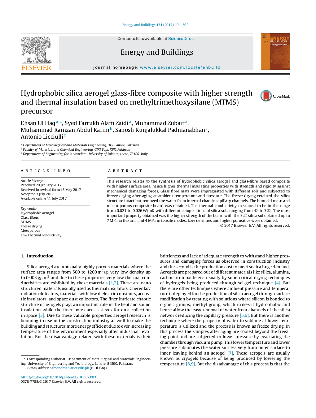 Hydrophobic silica aerogel glass-fibre composite with higher strength and thermal insulation based on methyltrimethoxysilane (MTMS) precursor