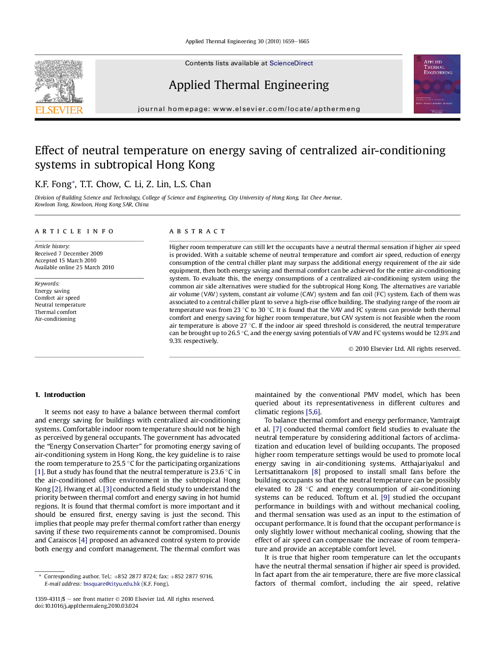 Effect of neutral temperature on energy saving of centralized air-conditioning systems in subtropical Hong Kong