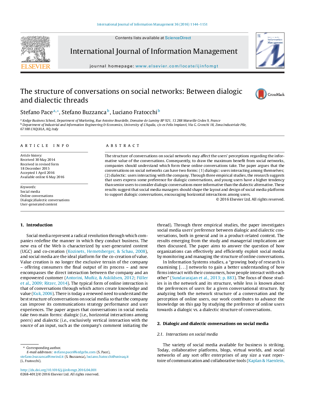 The structure of conversations on social networks: Between dialogic and dialectic threads