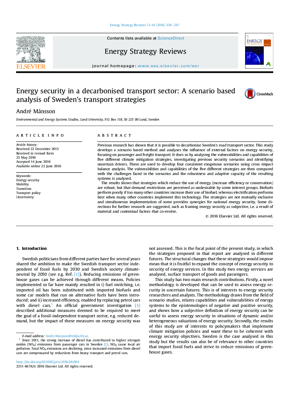 Energy security in a decarbonised transport sector: A scenario based analysis of Sweden's transport strategies