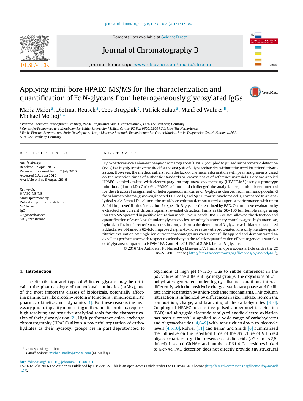 Applying mini-bore HPAEC-MS/MS for the characterization and quantification of Fc N-glycans from heterogeneously glycosylated IgGs