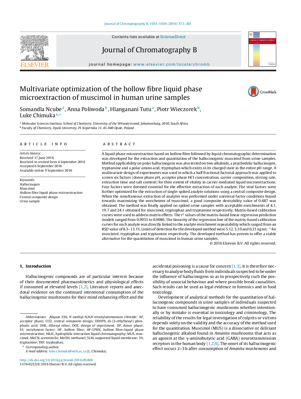 Multivariate optimization of the hollow fibre liquid phase microextraction of muscimol in human urine samples