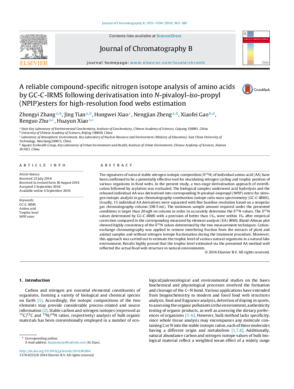 A reliable compound-specific nitrogen isotope analysis of amino acids by GC-C-IRMS following derivatisation into N-pivaloyl-iso-propyl (NPIP)esters for high-resolution food webs estimation