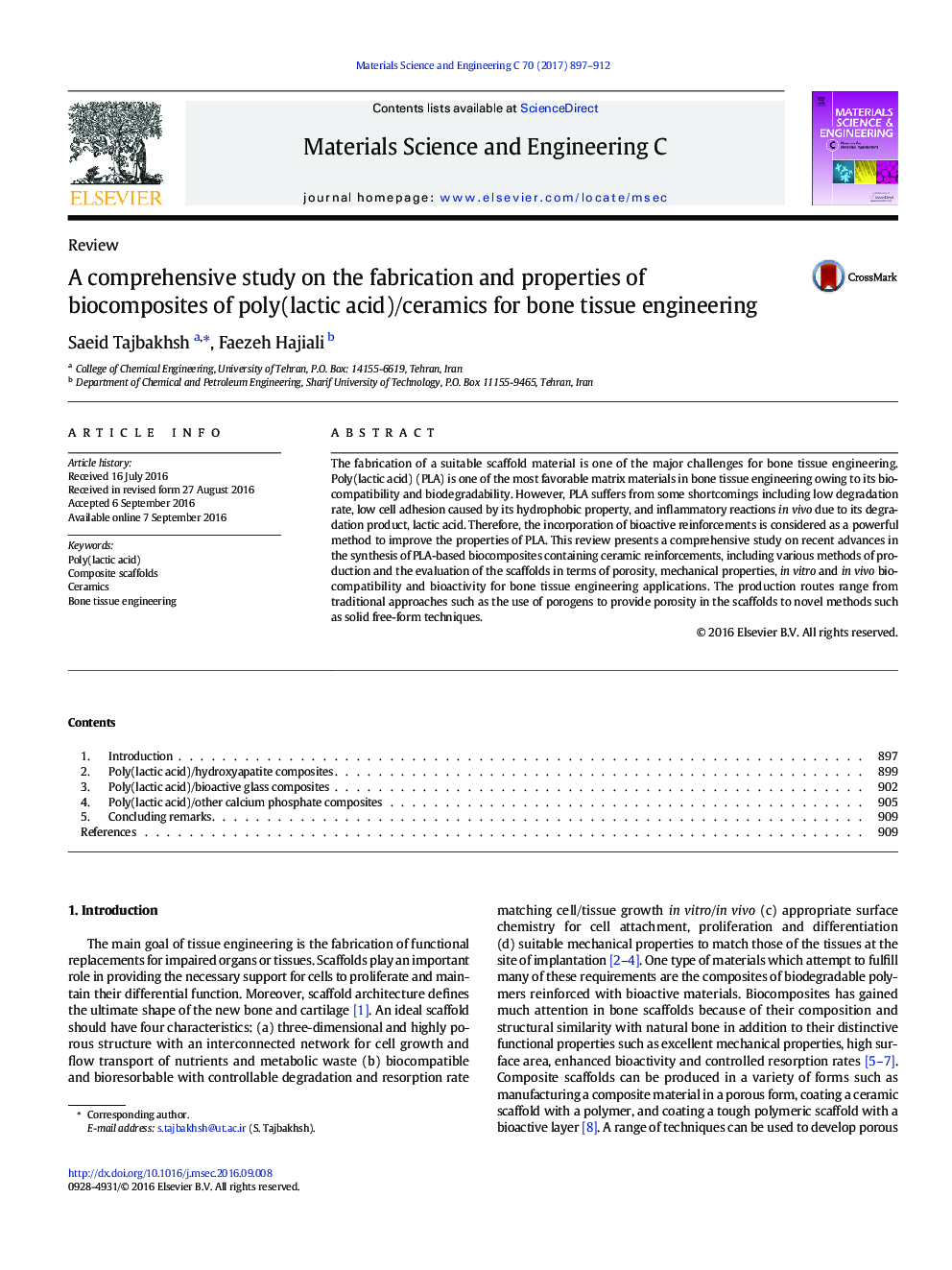 مطالعات جامع در مورد ساخت و خواص بیومواسپید های پلی (اسید لاکتیک) / سرامیک برای مهندسی بافت استخوان