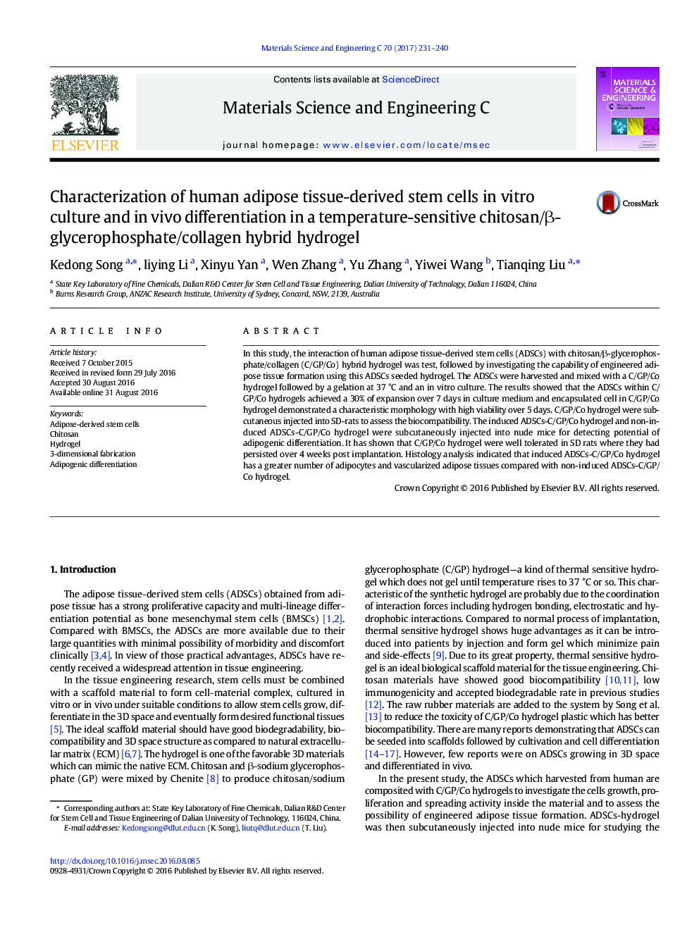 Characterization of human adipose tissue-derived stem cells in vitro culture and in vivo differentiation in a temperature-sensitive chitosan/Î²- glycerophosphate/collagen hybrid hydrogel