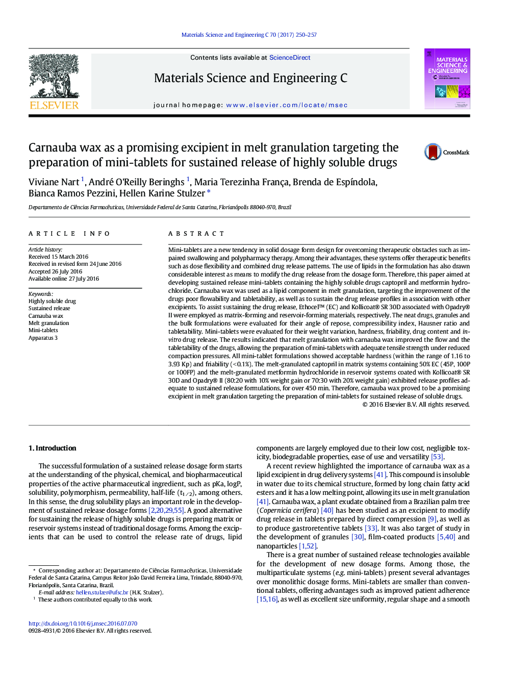 Carnauba wax as a promising excipient in melt granulation targeting the preparation of mini-tablets for sustained release of highly soluble drugs