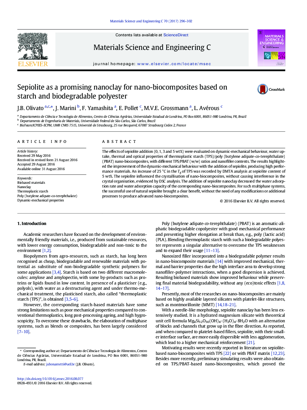 Sepiolite as a promising nanoclay for nano-biocomposites based on starch and biodegradable polyester