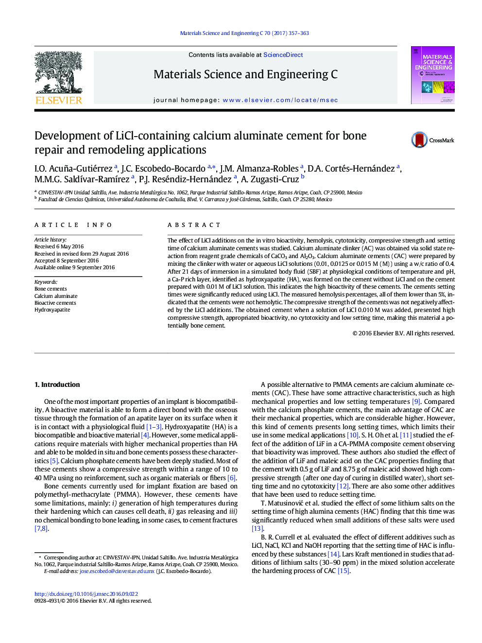 Development of LiCl-containing calcium aluminate cement for bone repair and remodeling applications