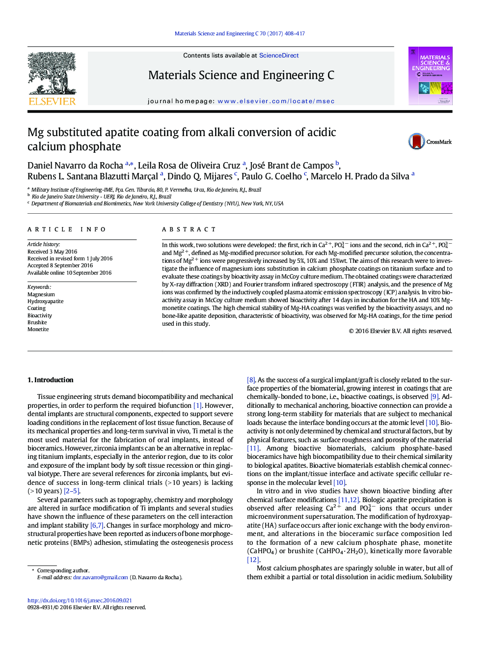 Mg substituted apatite coating from alkali conversion of acidic calcium phosphate