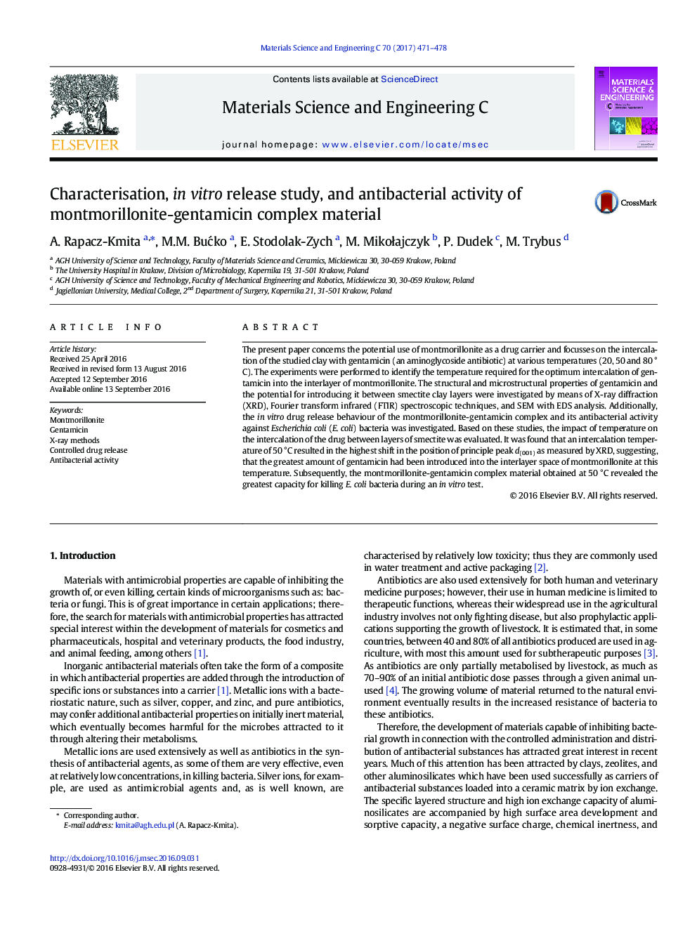 Characterisation, in vitro release study, and antibacterial activity of montmorillonite-gentamicin complex material