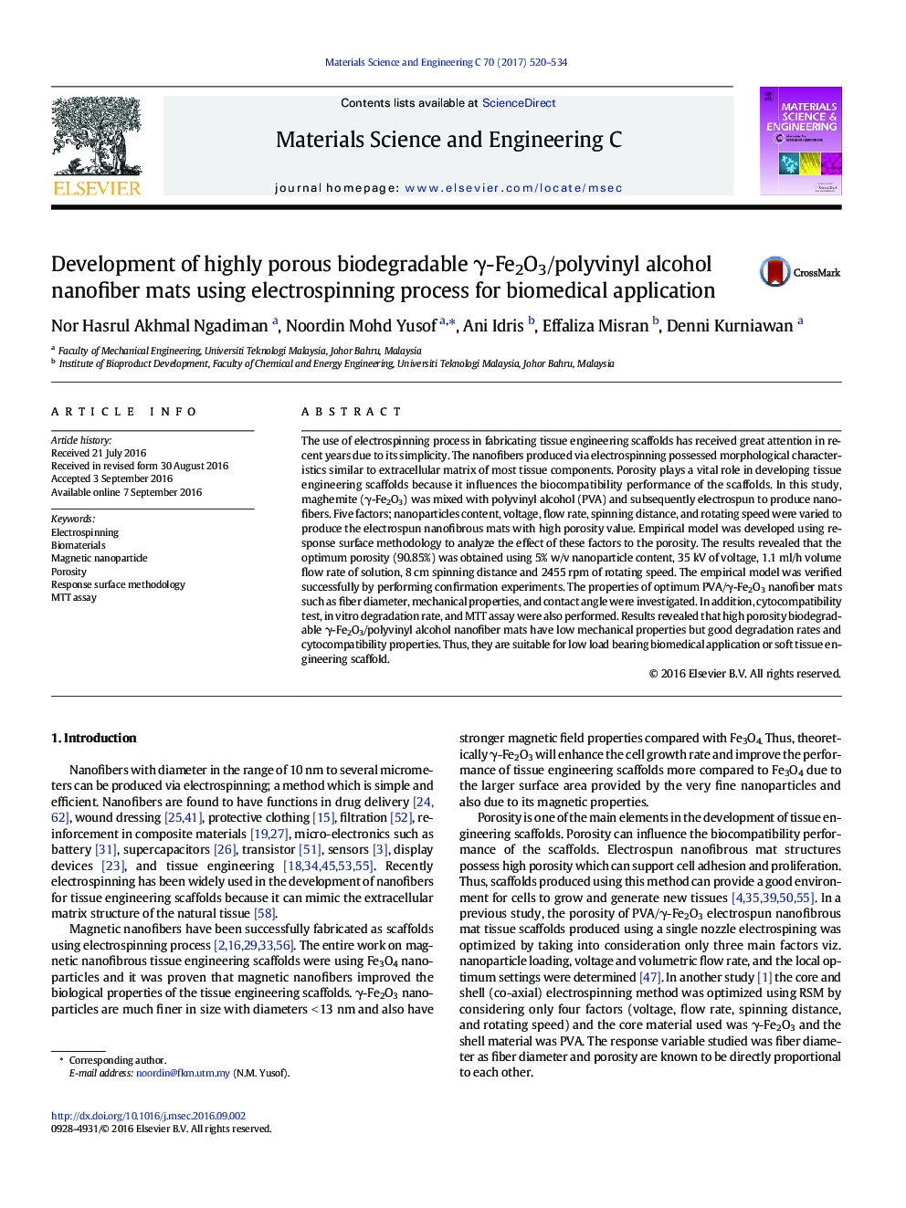 Development of highly porous biodegradable Î³-Fe2O3/polyvinyl alcohol nanofiber mats using electrospinning process for biomedical application