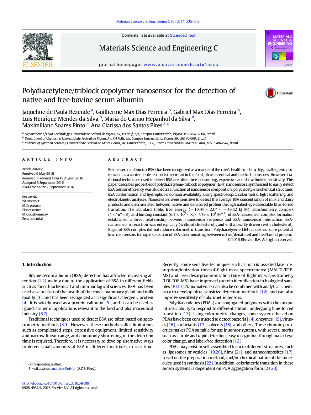 Polydiacetylene/triblock copolymer nanosensor for the detection of native and free bovine serum albumin