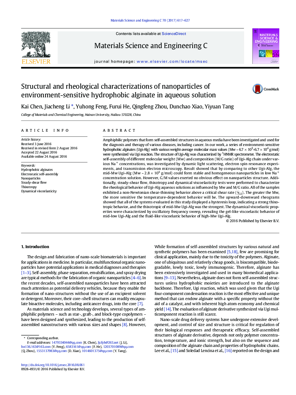 Structural and rheological characterizations of nanoparticles of environment-sensitive hydrophobic alginate in aqueous solution